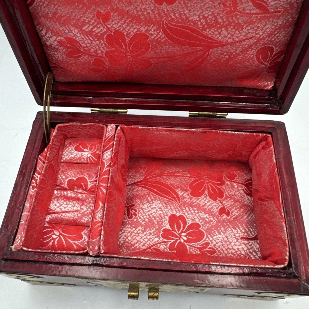 Vintage Chinese Rosewood Jewelry Box Jade Inlay Brass & Silk Accents